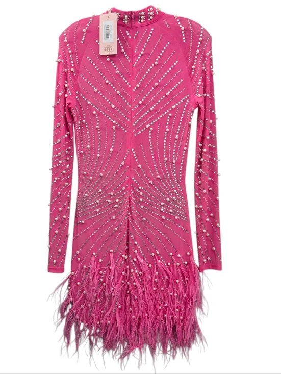 Nwt House Of Maguie Hot Pink Longsleeve Rhinestone,feathers & pearls Party Dress - Picture 5 of 16